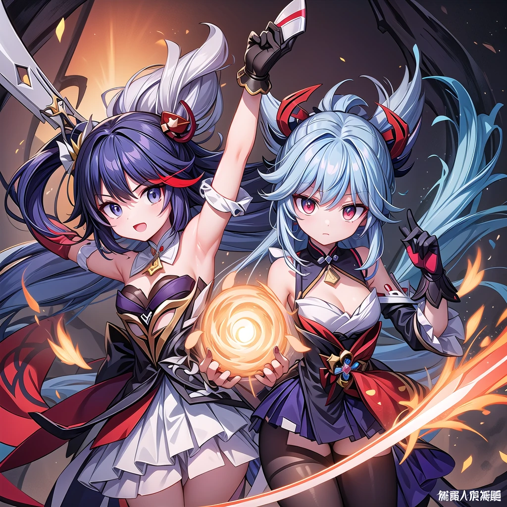 Anime character design of a woman holding a sword and a demon, Keqing from genshin impact, Makai Ryuko, Genshin Impact角色, To this + Concept Art, Genshin Impact风格, Attractive matoi ryuko, 绫香Genshin Impact冲击, gapmoe yandere grimdark, 《Genshin Impact》Zhongli, Adaptable personality, Official Character Art