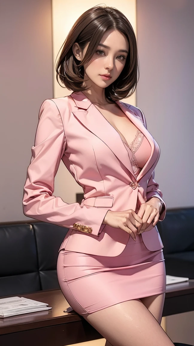 (Best quality, 4K, high resolution, masterpiece:1.3), ultra-detailed, realistic (photo-realistic:1.37), 38 years old, Japanese office lady, (beautiful woman,) (wearing pink|coral blazer jacket over a crisp white blouse pair with pink|coral short pencil skirt with a small front-slit), ((graying gradient hair, with brown tips smoothly fading to gray roots)), pantyhose, pink|coral heels, perfect make up, (38d-cup size breasts, slender waist) flowing into [wide round hips], toned slim body, flat abs, hourglass female silhouette, customer welcome pose, bank background. Sharp focus on details, modern environment, striking visual impact, confidently poised, aura of professionalism, symbol of reliability, high-end lifestyle, extraordinary charisma.