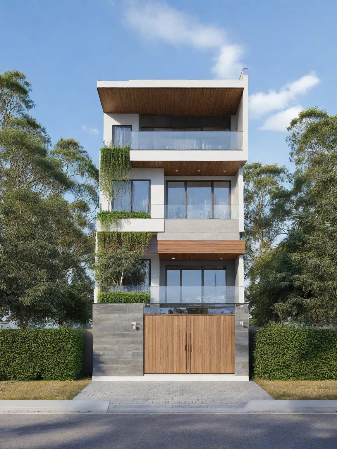 Raw photo,Masterpiece, high quality, best quality, authentic, super detail,
exterior, outdoors, house style modern on the street, glass windows, gate, wooden ceiling,
road,pavement, trees, sky, cloud, (daylight:1.1)