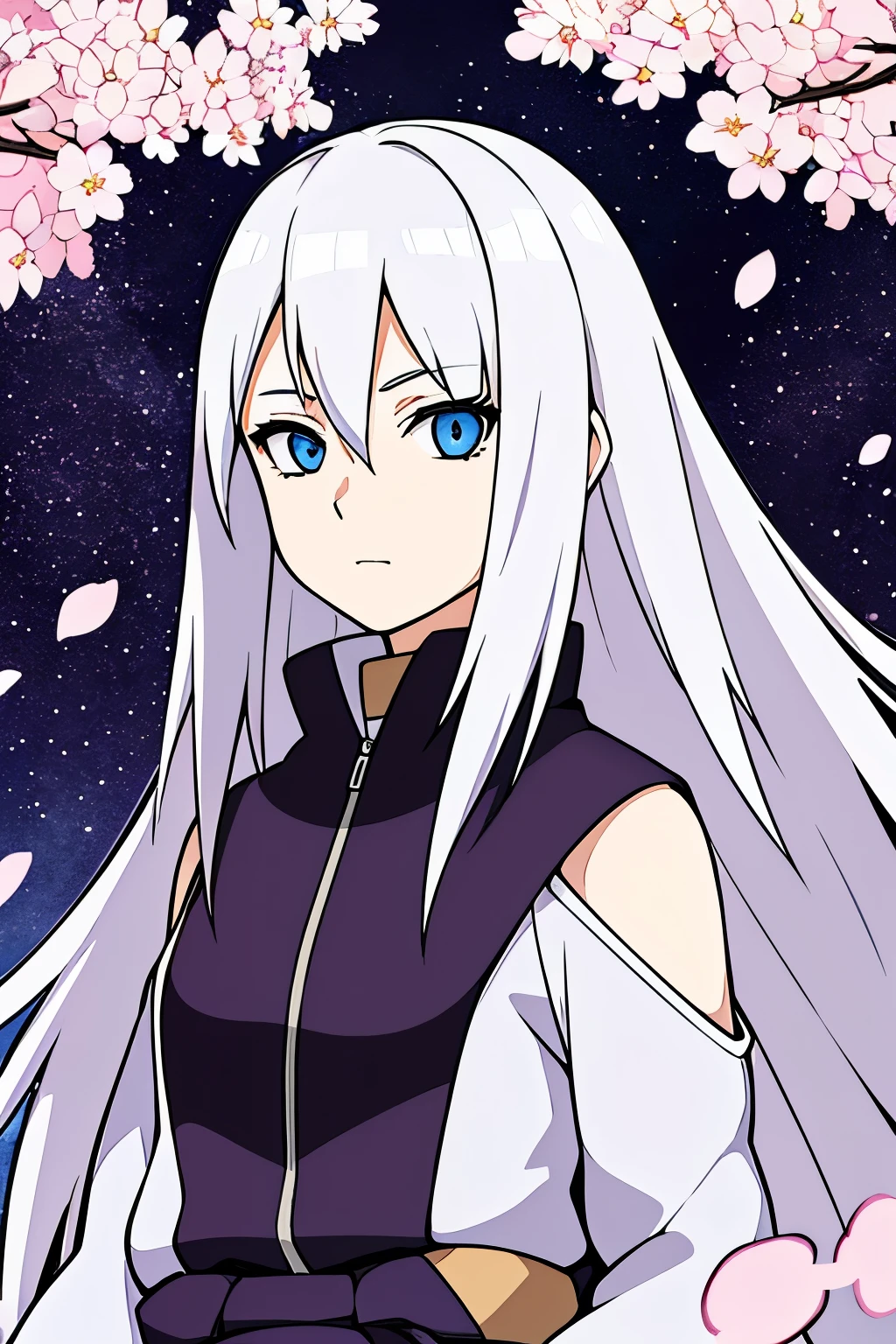 (high-quality, breathtaking),(expressive eyes, perfect face) portrait, Symmetrical Eyes, 1girl, solo, white hair, white coloured eyes, anime naruto art style, medium length hair, fluffy hair, feminine face, sky background, moon, open field background, stars, cherry blossom trees, hyuga, Ōtsutsuki, naruto ninja attire, neutral expression, soft smile, purple and black clothing, white trim, long sleeves, white dress, hair between eyes, bare shoulders, jacket
