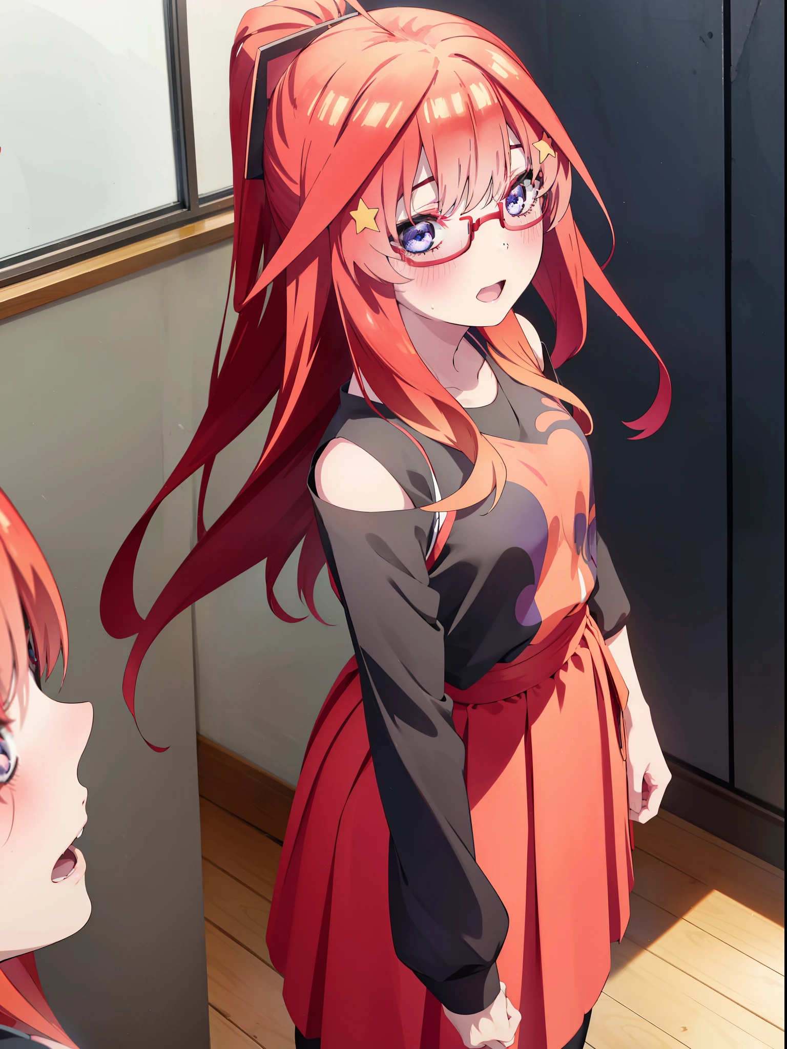 itsukinakano, itsuki nakano, bangs, blue eyes, Hair between the eyes, Ahoge, Redhead, star \(symbol\), hair ornaments, star hair ornaments,smile,blush,Open your mouth,ponytail,Red-rimmed glasses,Cold Shoulder Shirt,Long skirt,Black pantyhose,Stiletto heels,Walking,whole bodyがイラストに入るように,
break indoors, School,廊下
break looking at viewer, whole body,
break (masterpiece:1.2), Highest quality, High resolution, unity 8k wallpaper, (figure:0.8), (Beautiful attention to detail:1.6), Highly detailed face, Perfect lighting, Highly detailed CG, (Perfect hands, Perfect Anatomy),