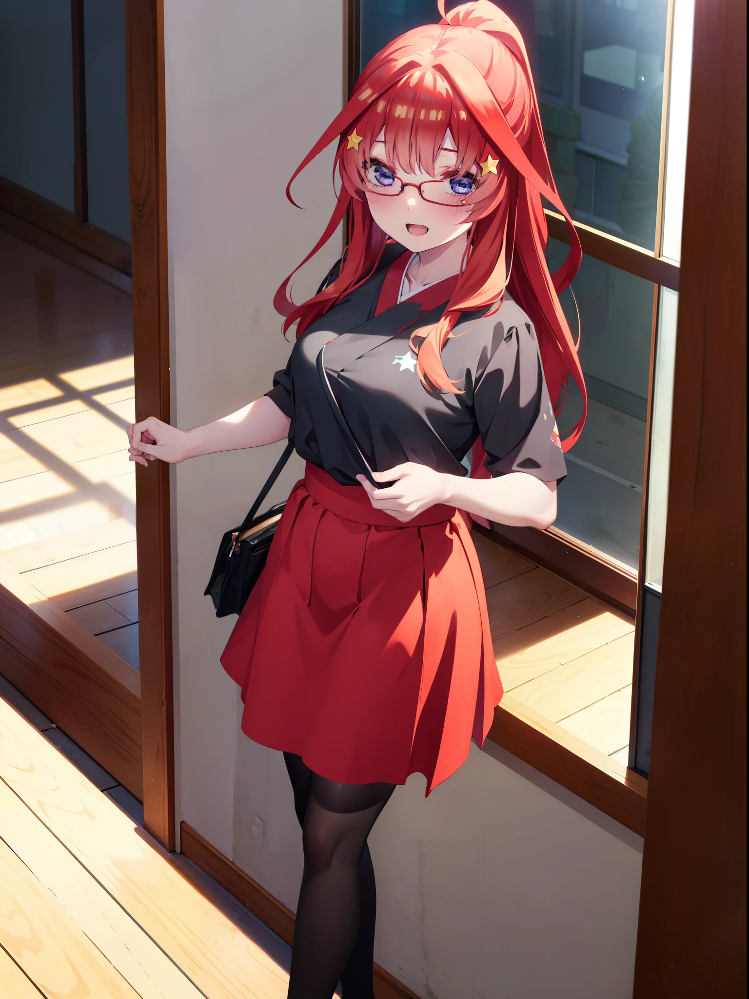 itsukinakano, itsuki nakano, bangs, blue eyes, Hair between the eyes, Ahoge, Redhead, star \(symbol\), hair ornaments, star hair ornaments,smile,blush,Open your mouth,ponytail,Red-rimmed glasses,Cold Shoulder Shirt,Long skirt,Black pantyhose,Stiletto heels,Walking,whole bodyがイラストに入るように,
break indoors, School,廊下
break looking at viewer, whole body,
break (masterpiece:1.2), Highest quality, High resolution, unity 8k wallpaper, (figure:0.8), (Beautiful attention to detail:1.6), Highly detailed face, Perfect lighting, Highly detailed CG, (Perfect hands, Perfect ???????),