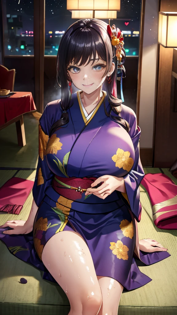 Highest quality、Highest quality、masterpiece、High-end、
,
(kimono:1.28),Heart-shaped pupils、((throw:1.8)),
smile,Mouth closed,
Lady,Mature Woman, Cowboy Shot,
(Dark Room:1.5, Love hotel beds in Japan:1.5, Detailed Background:1.18、　Dark Night、The temptress)、Japanese style hair accessories、Large Breasts、はだけたkimono、Shiny latex underwear is visible、
High resolution,Official Art,original,masterpiece,Highest quality, reality、
(Huge breasts),
 (Oily skin),((vapor,Sweat))
Lying on the futon in a sexy pose、Lie down with your legs apart, invite、serviceを実行する、service