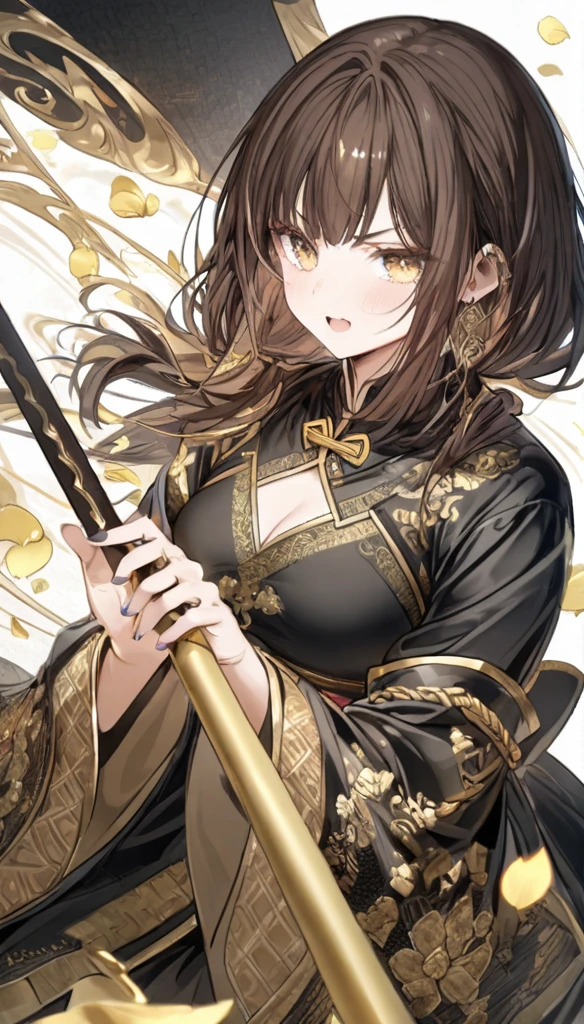 Brown hair, two-block, black clothes with gold embroidery, black flames, gold petals, handle