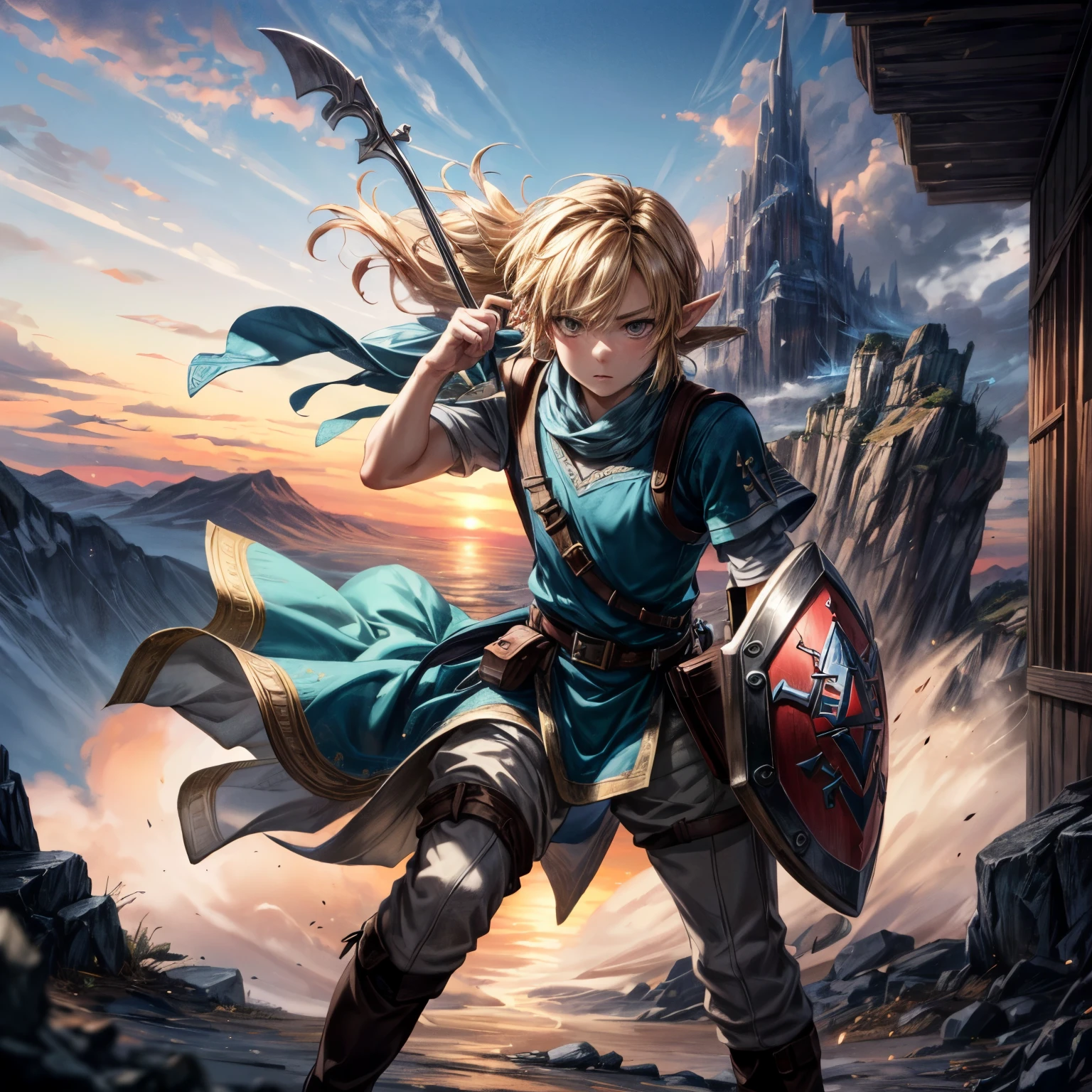 Photorealistic,Actual photo,colorful,The Legend of Zelda,Brave,The Adventure of Link,Use a shield to protect yourself from attacking enemies,
Sword Fighting,Throw a Boomerang,Magic Fireball,
Dynamic Action,High tension,A captivating adventure,
My heart is filled with anticipation for the future,Create expectations,Can&#39;t take my eyes off it,
Depth of written boundary,Distant mountain ranges,Beautiful sunrise,
Detailed Description,View here,Serious,decision,Strong-willed,
Perfect face and body,Detailed face,Perfect Anatomy,Beautiful Face,
masterpiece,Highest quality,8K,High resolution,Raw photo,Professional,
Award-winning,Browsing Caution,Art Station,
Cinematic lighting,Natural lighting,Spotlight on him,
Warm tones,
Medium Shot,
Physically Based Rendering,
Thin contours,