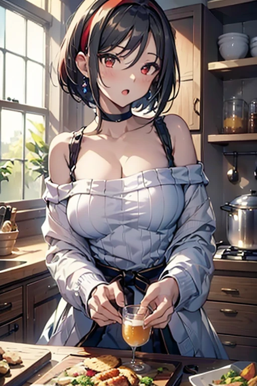 masterpiece, yor, 1girl, Bust A Cup, Amazing Cleavage:1.3, thin waist, big ass, Raised sexy, big breast: 1.2 posed cleavage:1.2、solo, looking at viewer, open mouth, have a cute grass of cute beergrass,black hair, red eyes, dress, bare shoulders, jewelry, collarbone, sidelocks, hairband, earrings, indoors, off shoulder, :o, sweater, arms behind back, plant, short hair with long locks, white hairband, off-shoulder dress, sweater dress, off-shoulder sweater, red sweater, big side hair, very long side hair,is rendered in (masterpiece: 1.2, best quality), with (ultra high resolution) and an exquisite (depth of field). This masterpiece is not only visually stunning but also tells,A scene of cooking in the kitchen
