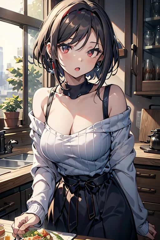 masterpiece, yor, 1girl, Bust A Cup, Amazing Cleavage:1.3, thin waist, big ass, Raised sexy, big breast: 1.2 posed cleavage:1.2、solo, looking at viewer, open mouth, have a cute grass of cute beergrass,black hair, red eyes, dress, bare shoulders, jewelry, collarbone, sidelocks, hairband, earrings, indoors, off shoulder, :o, sweater, arms behind back, plant, short hair with long locks, white hairband, off-shoulder dress, sweater dress, off-shoulder sweater, red sweater, big side hair, very long side hair,is rendered in (masterpiece: 1.2, best quality), with (ultra high resolution) and an exquisite (depth of field). This masterpiece is not only visually stunning but also tells,A scene of cooking in the kitchen
