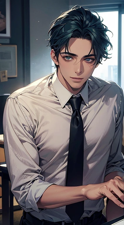 (Highest quality,4K,8K,High resolution,masterpiece:1.2),Super detailed,(Realistic,photoRealistic,photo-Realistic:1.37),1 person,34 years old,Mature Men,Beautiful skin、very handsome,Expressionless smile in love,Short blue hair,green eyes,Sharp Eyes,A perfect face without a doubt,Businessman, CEO, Office Background,Cinema Lighting,HDR image,tie、