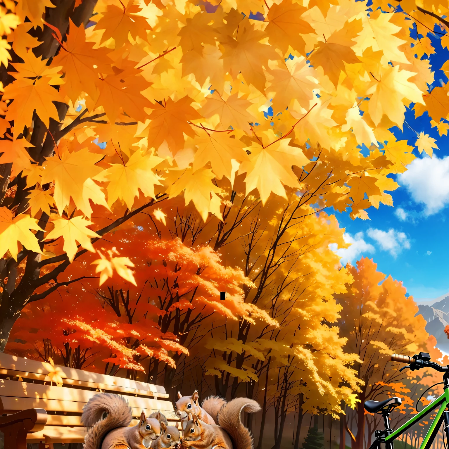 (Highest quality, High resolution), Landscape of autumn leaves.Vibrant colors,Low - Angle,
(Deep autumn sky:1.3),Soft and natural lighting.Autumn leaves background, Vibrant colorsの葉, The golden leaves gently fall, wood々Warm sunlight shining in from between, Peaceful and calm atmosphere, Soft rays of light illuminating the scene, The sound of rustling leaves, Fresh, cool air, A carpet of fallen leaves on the ground, Quiet and picturesque setting, Natural beauty in full bloom,