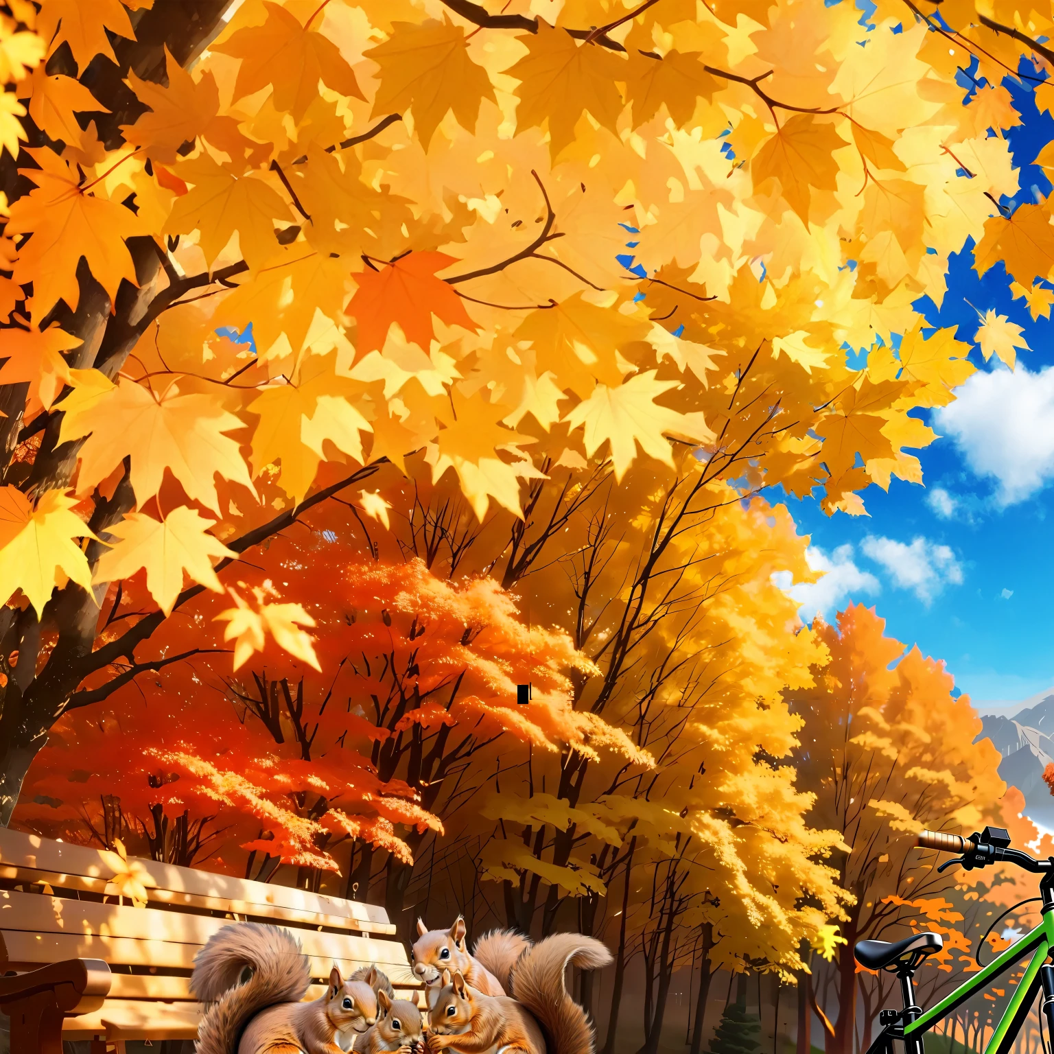 (Highest quality, High resolution), Landscape of autumn leaves.Vibrant colors,Low - Angle,

(Deep autumn sky:1.3),Soft and natural lighting.Autumn leaves background, Vibrant colorsの葉, The golden leaves gently fall, wood々Warm sunlight shining in from between, Peaceful and calm atmosphere, Soft rays of light illuminating the scene, The sound of rustling leaves, Fresh, cool air,  A carpet of fallen leaves on the ground, Quiet and picturesque setting, Natural beauty in full bloom, 