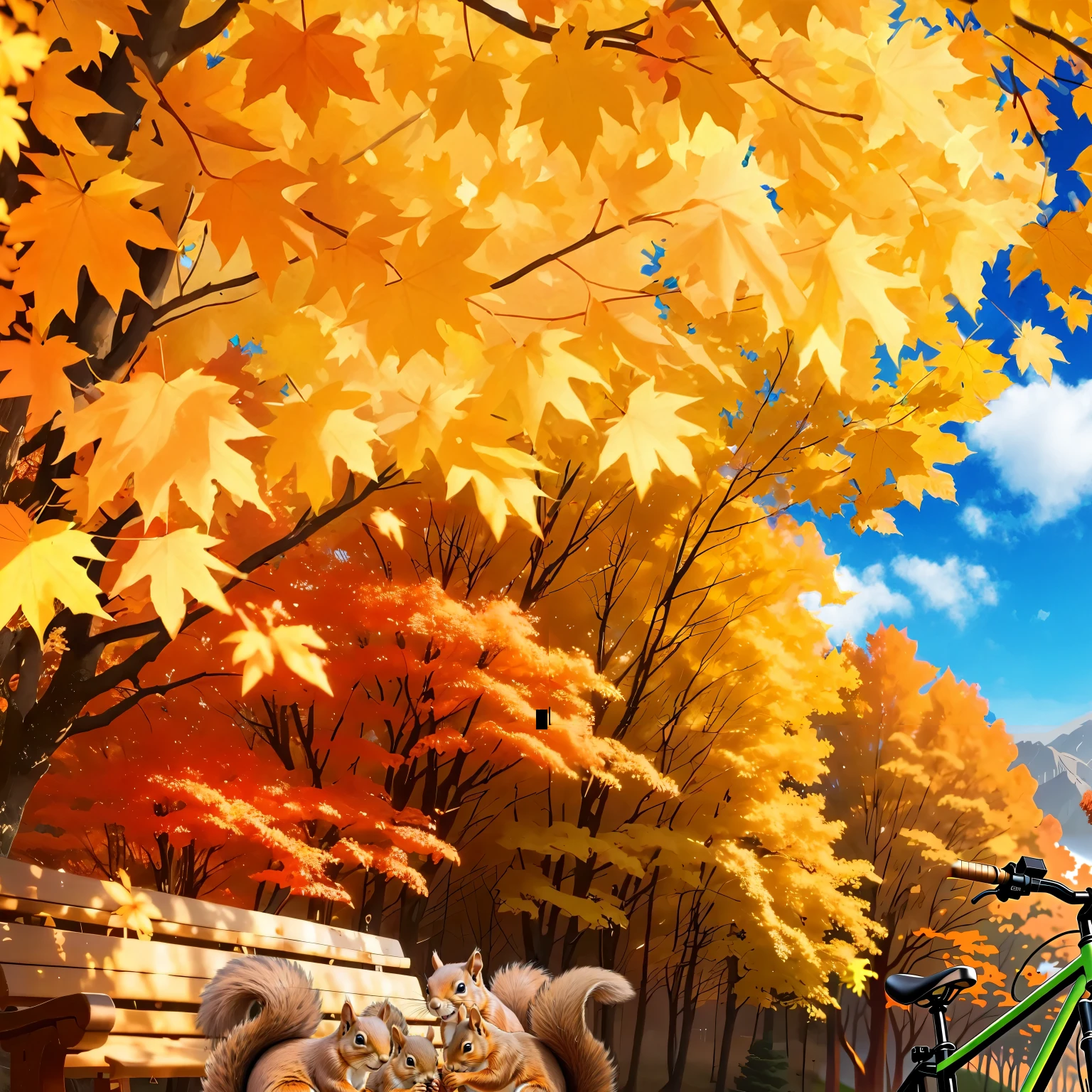 (Highest quality, High resolution), Landscape of autumn leaves.Vibrant colors,Low - Angle,
(Deep autumn sky:1.3),Soft and natural lighting.Autumn leaves background, Vibrant colorsの葉, The golden leaves gently fall, wood々Warm sunlight shining in from between, Peaceful and calm atmosphere, Soft rays of light illuminating the scene, The sound of rustling leaves, Fresh, cool air, A carpet of fallen leaves on the ground, Quiet and picturesque setting, Natural beauty in full bloom,