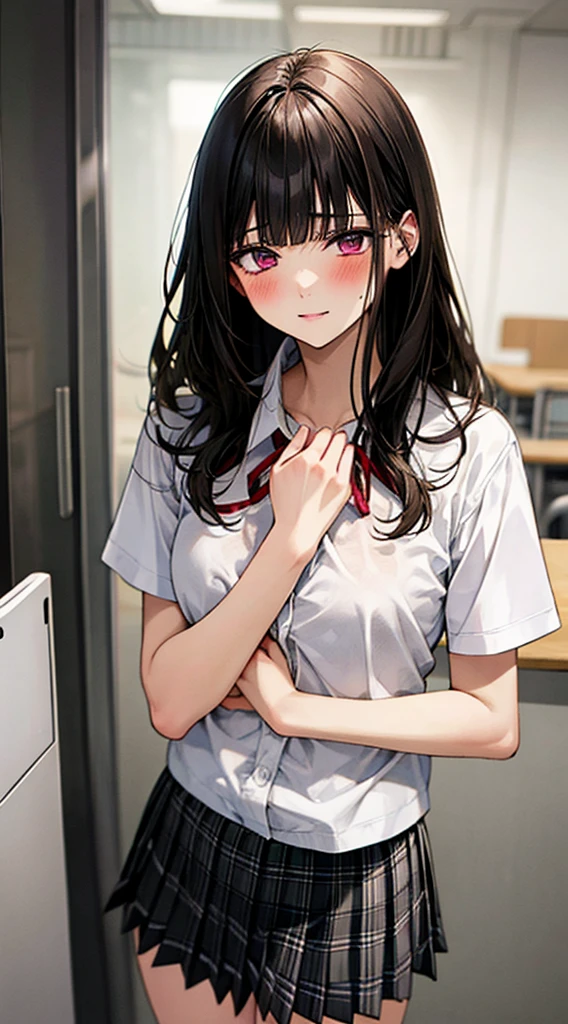 (masterpiece, best quality),
1girl, standing, undressing, hands on chest, cowboy shot,,
BREAK girl, 18yo, (medium breasts:1.1), black hair, (medium hair:1.2), (curly hair:0.9), blunt bangs,
pink eyes, ultra detailed eyes,(tareme:1.1),
half-closed eyes, blush
BREAK (school uniform), (white collared shirt, plain pattern shirt, short sleeves, white sleeves, shirt tucked in:1.2), (red plain pattern neck ribbon, narrow neck ribbon:1.1), (open clothes:1.2),pink bra
BREAK (black and grey plaid pattern skirt:1), (pleated skirt, miniskirt:1.2),
BREAK office,