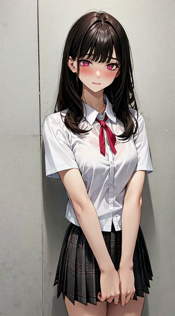 (masterpiece, best quality),
1girl, standing, undressing, hands on chest, cowboy shot,,

BREAK girl, 18yo, (medium breasts:1.1), black hair, (medium hair:1.2), (curly hair:0.9), blunt bangs,
pink eyes, ultra detailed eyes,(tareme:1.1),
half-closed eyes, blush


BREAK (school uniform), (white collared shirt, plain pattern shirt, short sleeves, white sleeves, shirt tucked in:1.2), (red plain pattern neck ribbon, narrow neck ribbon:1.1), (open clothes:1.2),pink bra
BREAK (black and grey plaid pattern skirt:1), (pleated skirt, miniskirt:1.2),

BREAK office,