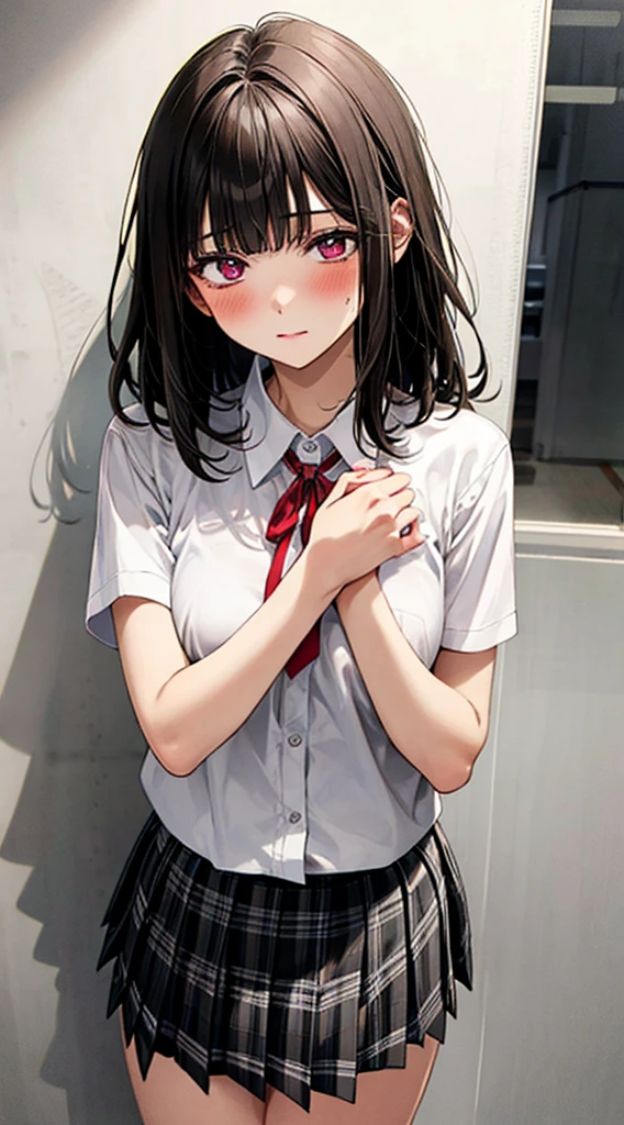 (masterpiece, best quality),
1girl, standing, undressing, hands on chest, cowboy shot,,
BREAK girl, 18yo, (medium breasts:1.1), black hair, (medium hair:1.2), (curly hair:0.9), blunt bangs,
pink eyes, ultra detailed eyes,(tareme:1.1),
half-closed eyes, blush
BREAK (school uniform), (white collared shirt, plain pattern shirt, short sleeves, white sleeves, shirt tucked in:1.2), (red plain pattern neck ribbon, narrow neck ribbon:1.1), (open clothes:1.2),pink bra
BREAK (black and grey plaid pattern skirt:1), (pleated skirt, miniskirt:1.2),
BREAK office,