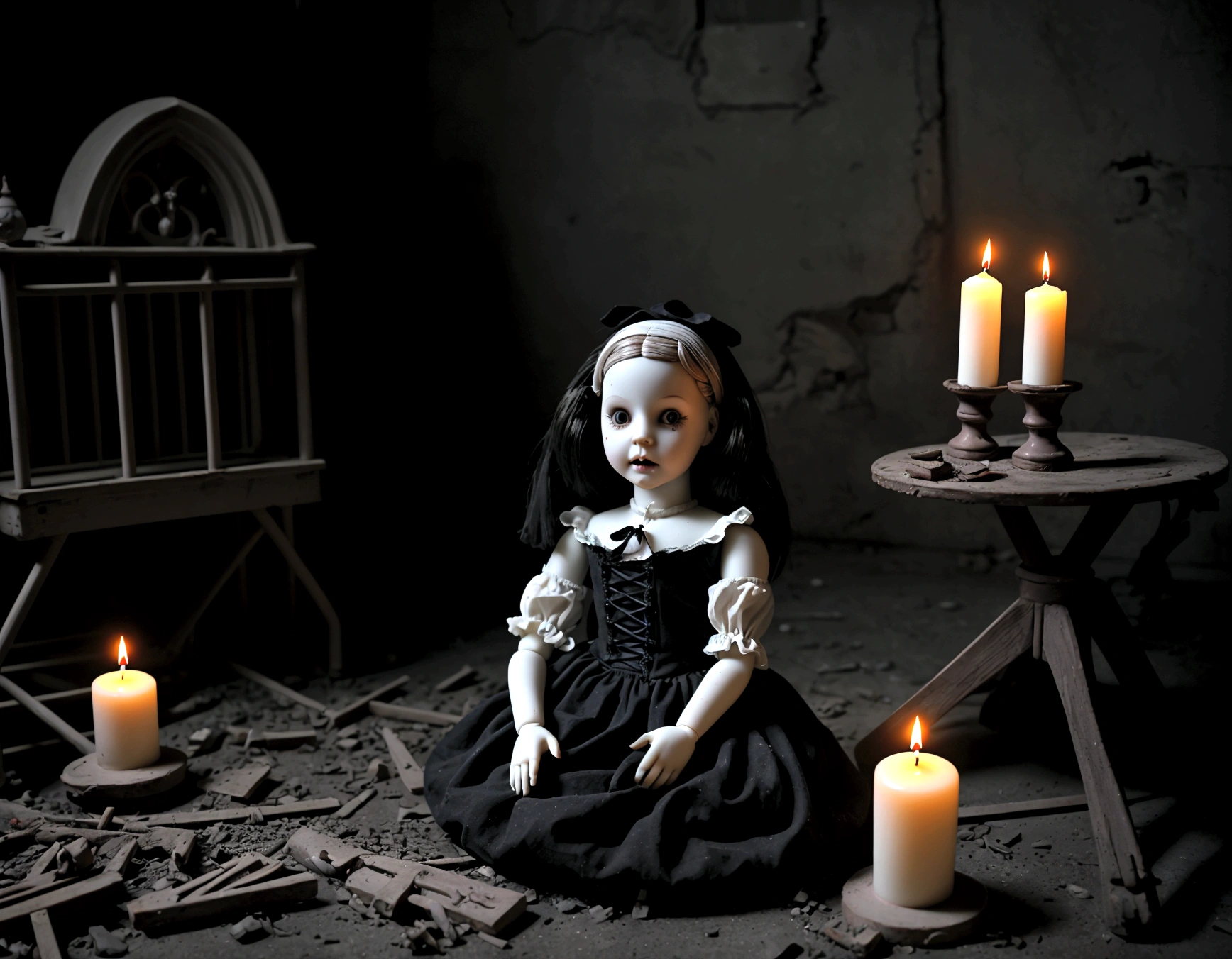 A CHILDREN'S ANA BELLE STYLE DOLL OF OLD AND FACELESS PORCELAIN, REALISTIC GOTHIC IMAGE DEMONIC IMAGE IN AN ABANDONED LABRATORY WITH BLACK CANDLES LIT ON THE FLOOR AT NIGHT