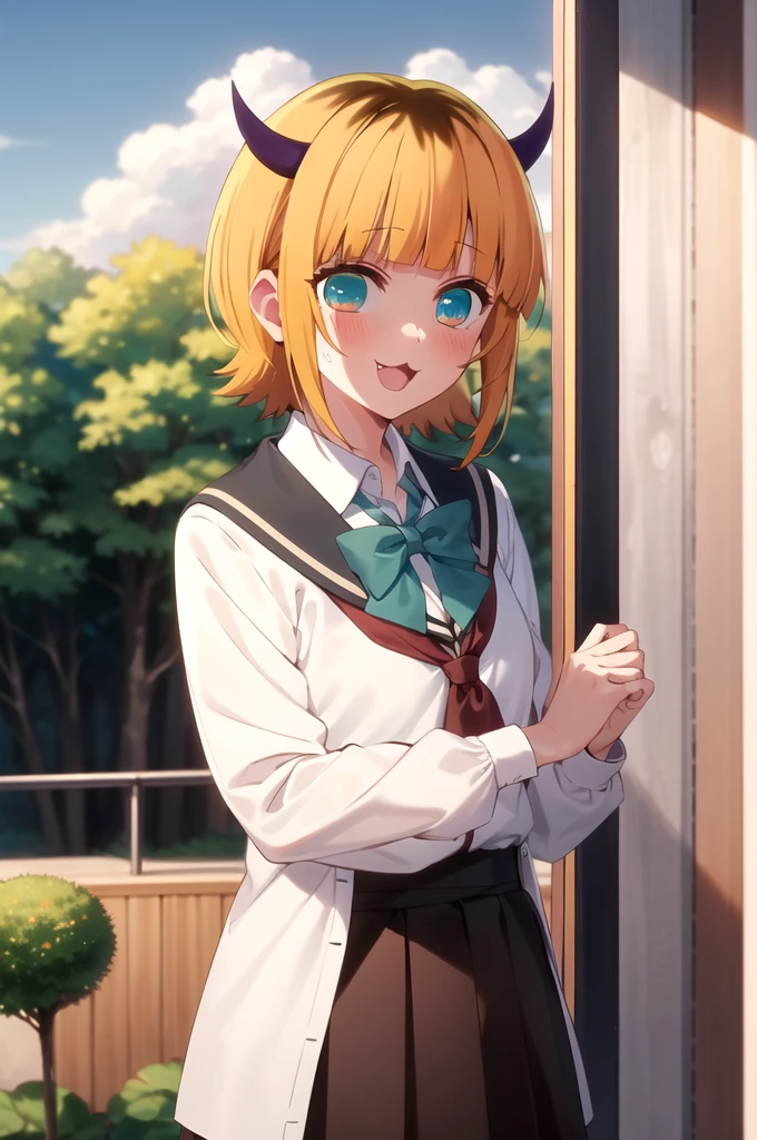 Highest quality, masterpiece, detailed, memcho, Open your mouth, A slight blush, :3, smile, short hair, Blonde, Multicolored Hair, Aqua Eye, Blunt bangs, horn,
school uniform
.Are standing, Looking at the audience, (Day:1.2), garden, Outdoor
