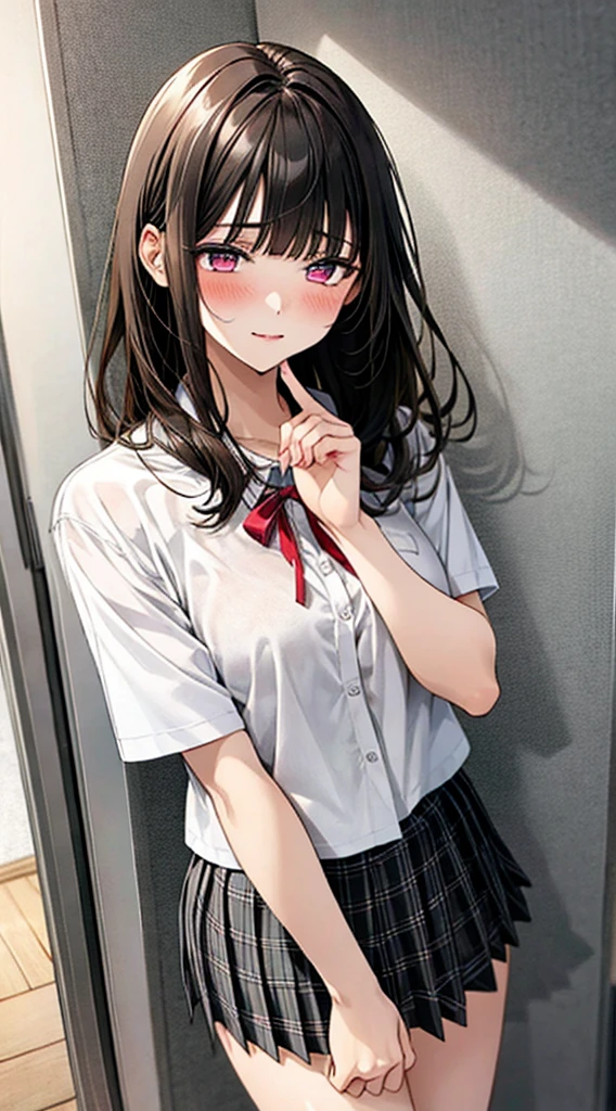 (masterpiece, best quality),
1girl, standing, undressing, hands on chest, cowboy shot,,
BREAK girl, 18yo, (medium breasts:1.1), black hair, (medium hair:1.2), (curly hair:0.9), blunt bangs,
pink eyes, ultra detailed eyes,(tareme:1.1),
half-closed eyes, blush
BREAK (school uniform), (white collared shirt, plain pattern shirt, short sleeves, white sleeves, shirt tucked in:1.2), (red plain pattern neck ribbon, narrow neck ribbon:1.1), (open clothes:1.2),pink bra
BREAK (black and grey plaid pattern skirt:1), (pleated skirt, miniskirt:1.2),
BREAK office,