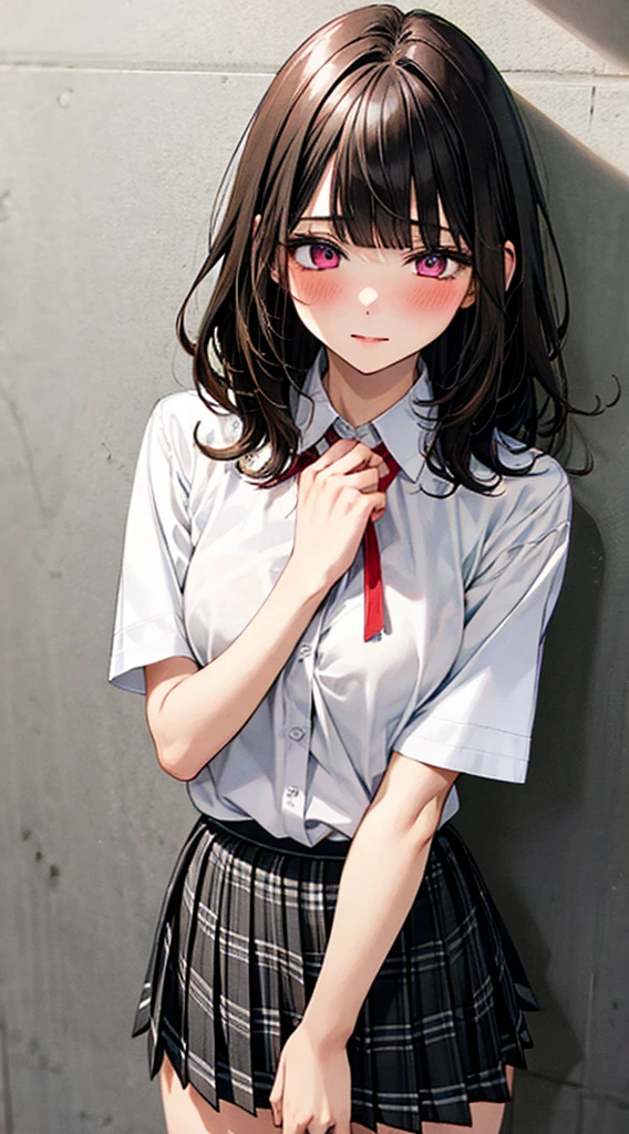 (masterpiece, best quality),
1girl, standing, undressing, hands on chest, cowboy shot,,
BREAK girl, 18yo, (medium breasts:1.1), black hair, (medium hair:1.2), (curly hair:0.9), blunt bangs,
pink eyes, ultra detailed eyes,(tareme:1.1),
half-closed eyes, blush
BREAK (school uniform), (white collared shirt, plain pattern shirt, short sleeves, white sleeves, shirt tucked in:1.2), (red plain pattern neck ribbon, narrow neck ribbon:1.1), (open clothes:1.2),pink bra
BREAK (black and grey plaid pattern skirt:1), (pleated skirt, miniskirt:1.2),
BREAK office,
