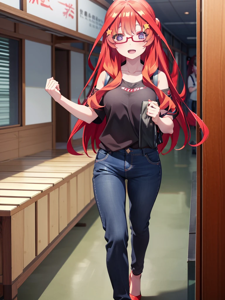 itsukinakano, itsuki nakano, bangs, blue eyes, Hair between the eyes, Ahoge, Redhead, star \(symbol\), hair ornaments, star hair ornaments,smile,blush,Open your mouth,ponytail,Red-rimmed glasses,Cold Shoulder Shirt,skinny pants,Stiletto heels,Walking,whole bodyがイラストに入るように,
break indoors, School,廊下
break looking at viewer, whole body,
break (masterpiece:1.2), Highest quality, High resolution, unity 8k wallpaper, (figure:0.8), (Beautiful attention to detail:1.6), Highly detailed face, Perfect lighting, Highly detailed CG, (Perfect hands, Perfect Anatomy),