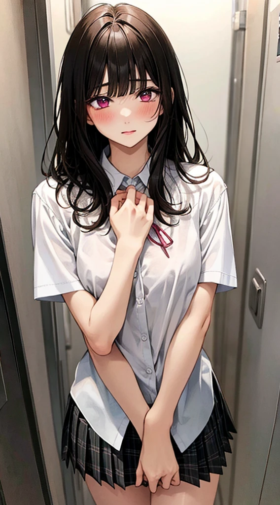 (masterpiece, best quality),
1girl, standing, , hands on chest, cowboy shot,,
BREAK girl, 18yo, (medium breasts:1.ck hair, (medium hair:1.2), (curly hair:0.9), blunt bangs,
pink eyes, ultra detailed eyes,(tareme:1.1),
half-closed eyes, blush
BREAK (school uniform), (white collared shirt, plain pattern shirt, short sleeves, white sleeves, shirt tucked in:1.2), (red plain pattern neck ribbon, narrow neck ribbon:1.1), (open clothes:1.2),pink bra
BREAK (black and grey plaid pattern skirt:1), (pleated skirt, miniskirt:1.2),
BREAK office,