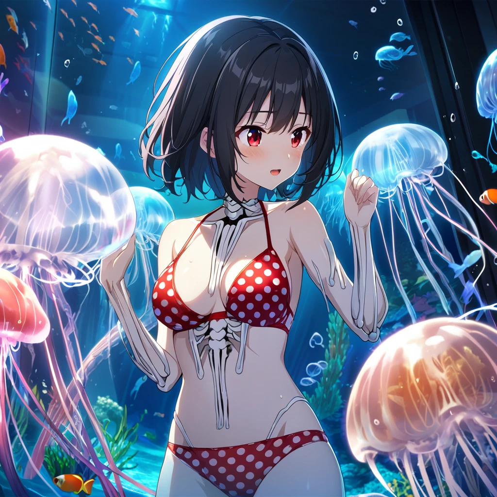1girl、Black Hair、Red eyes、Skeleton Body、Red polka dot bikini swimsuit、TranslucentLeotards、Blue jellyfish、aquarium、deep faint light 、 detailed CG、high resolution