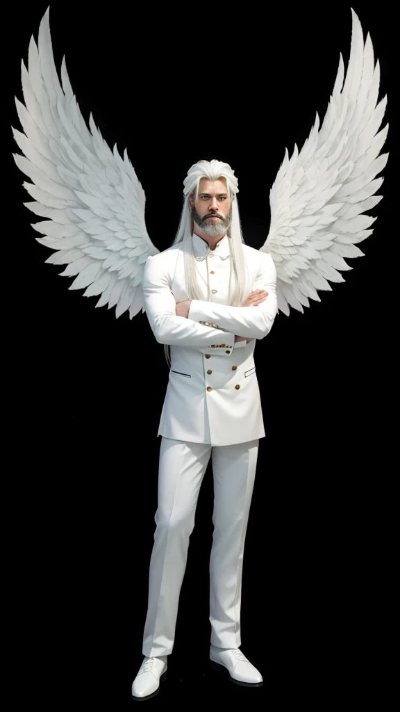 A very strong man with a full body, with a set of white angel clothes, with long white hair, with white beard and with white wings.
