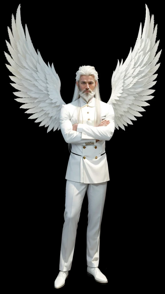 A very strong man with a full body, with a set of white angel clothes, with long white hair, with white beard and with white wings.
