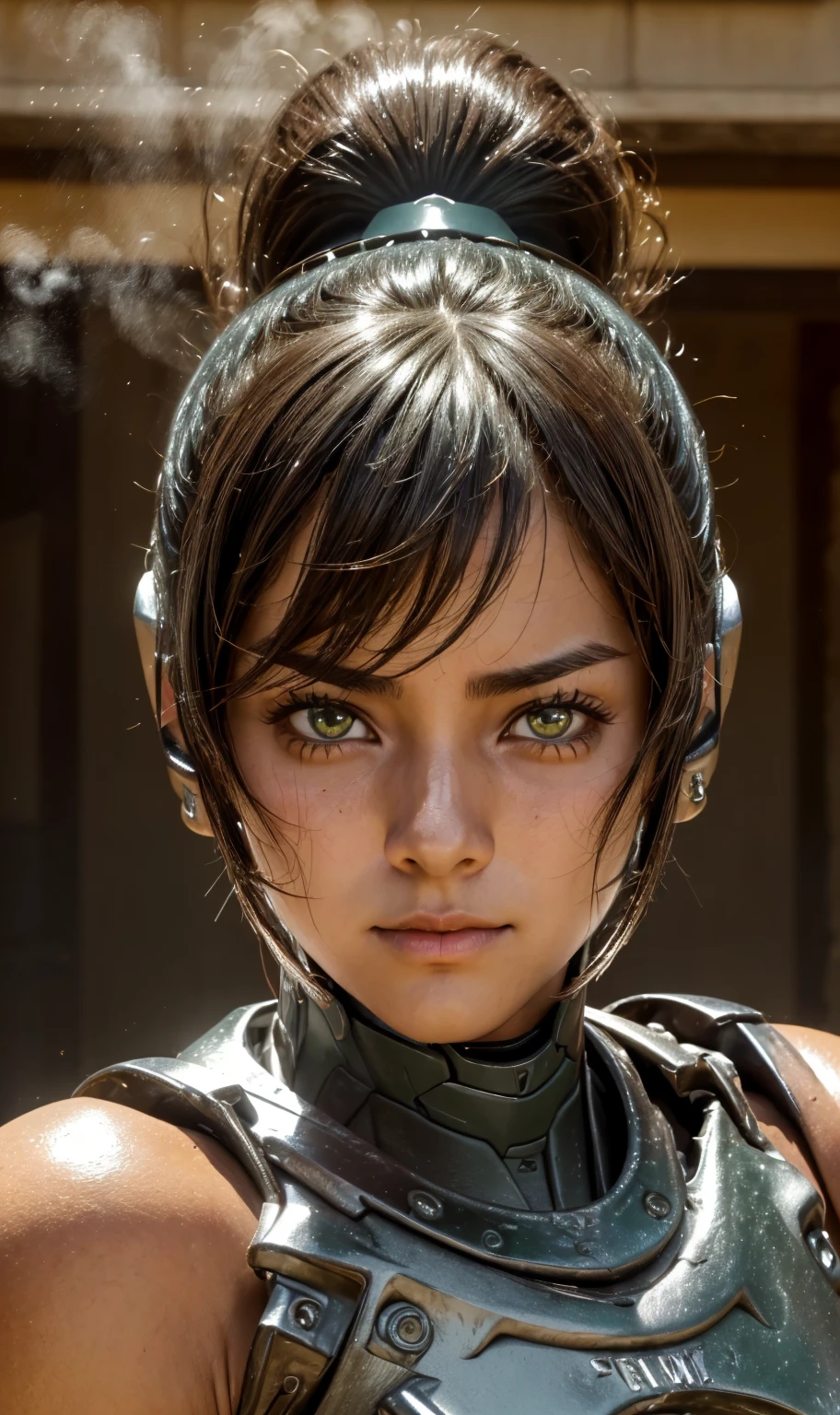 Textured skin, Super detailed, Attention to detail, high quality, 最high quality, High resolution, 1080P, hard disk, beautiful,(War Machine),beautifulサイボーグ女性,Dark Green Mecha Cyborg Girl,battle,Girl with a mechanical body,、Plain junior high school girl ponytail、Sweaty brown eyes、Sweaty face、Expressions of distress Blushing cute Black-haired ((Steam coming out of the head)) (Steam coming out of the whole body) Cool pose