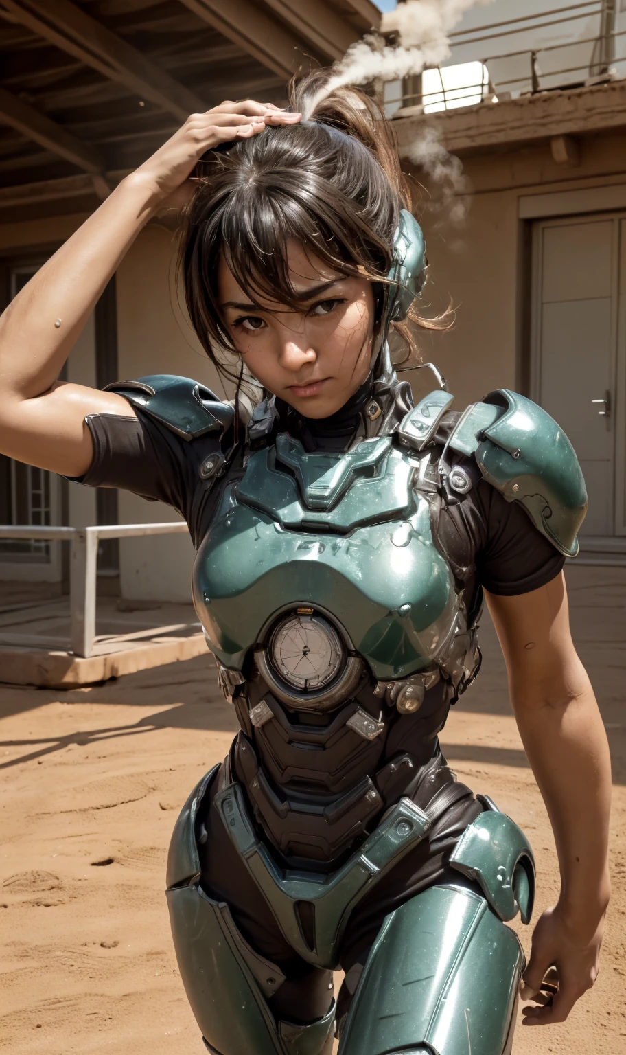Textured skin, Super detailed, Attention to detail, high quality, 最high quality, High resolution, 1080P, hard disk, beautiful,(War Machine),beautifulサイボーグ女性,Dark Green Mecha Cyborg Girl,battle,Girl with a mechanical body,、Plain high schoolponytail、Sweaty brown eyes、Sweaty face、Expressions of distress Blushing cute Black-haired ((Steam coming out of the head)) (Steam coming out of the whole body) Cool pose