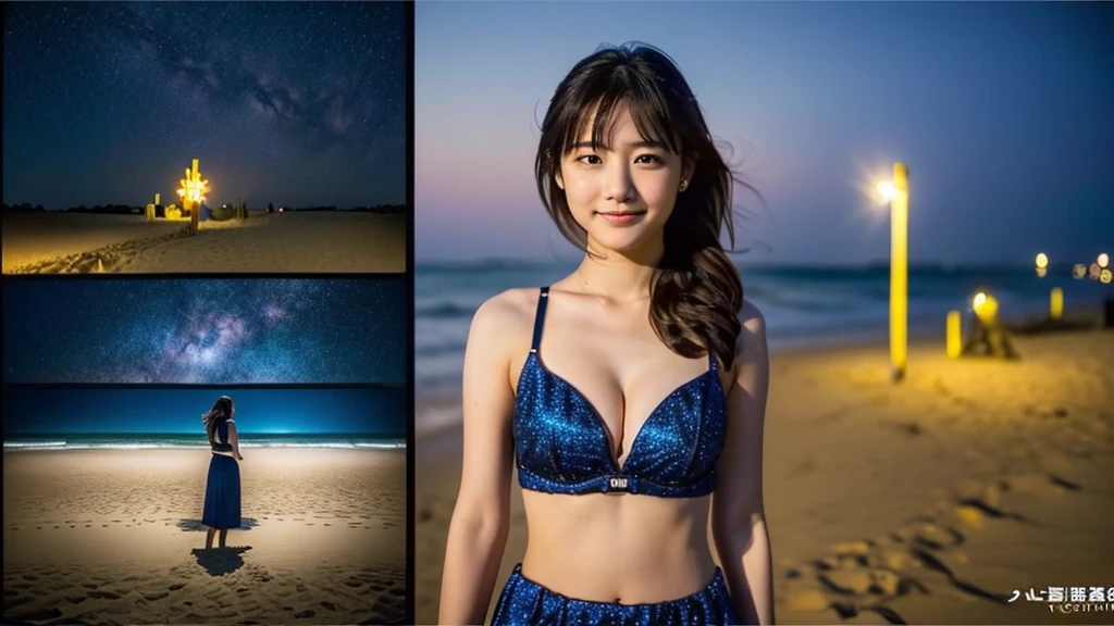 (((Do not split screen)))、A 20-year-old woman with a very cute face like an idol、Smile a little,(Cleavage)、(((Beautiful starry sky on the beach at night)))、((cinematic lighting))、(((The lighting is dim, with only starlight.)))、((Long-distance shot))、RAW Photos、Genuine、live-action、((live-actionと見分けがつかないクオリティ))、(Artistic Expression)、High resolution、masterpiece