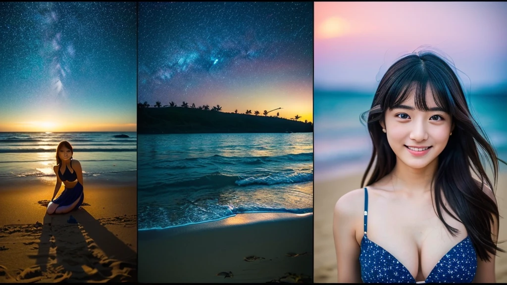 (((Do not split screen)))、A 20-year-old woman with a very cute face like an idol、Smile a little,(Cleavage)、(((Beautiful starry sky on the beach at night)))、((cinematic lighting))、(((The lighting is dim, with only starlight.)))、((Long-distance shot))、RAW Photos、Genuine、live-action、((live-actionと見分けがつかないクオリティ))、(Artistic Expression)、High resolution、masterpiece
