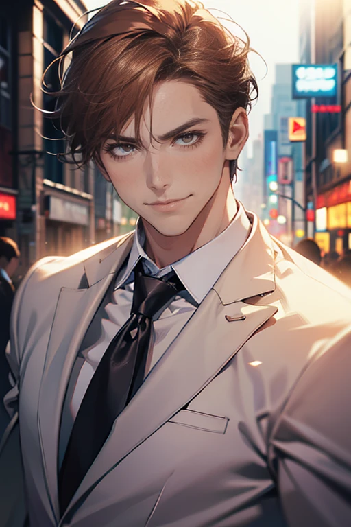 (tmasterpiece, high resolution, ultra - detailed:1.0), (1 male, masculine face, 31 years, CEO), Perfect male body, tall and strong, Adult male, Delicate eyes and delicate face, Extremely detailed CG, Unity 8k wallpaper, Complicated details, Detailed face, (short brown hair, short  hair, smile in love faces, blur eyes, white shirts,), (frown, smile in love:1.3), stad in corporativo, empresa, escritório style, color difference, Depth of field, dramatic shadow, Ray tracing, Best quality, Cinematic lighting, offcial art,Portrait