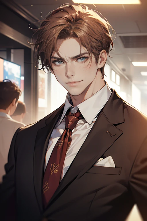 Shock, on the plastic runway, next to the school teaching building, there are several street lamps, heavy rain (high resolution, distinct_image) superb man, masterpiece, high detail, semi-realistic, brown short hair man, brown hair, short hair, medium hair, 18 years old, young, tall and strong, blackened coat, gray-blue clothes, students, college, , dashing, natural, handsome, authoritarian, powerful aura, exquisite facial features, facial details, man standing on a huge playground, the sky is raining heavily, rain mixed with sweat on the man's body, On the school playground, the background is on a plastic track