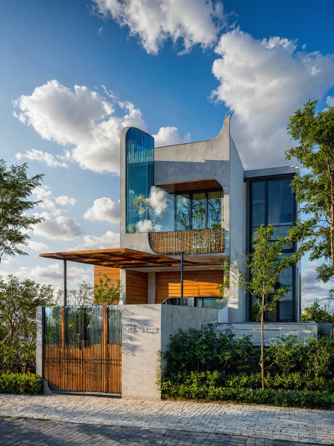 Raw photo,Masterpiece, high quality, best quality, authentic, super detail,
exterior, outdoors, house style modern on the street, glass windows, gate, wooden ceiling,
road,pavement, trees, sky, cloud, (daylight:1.1)