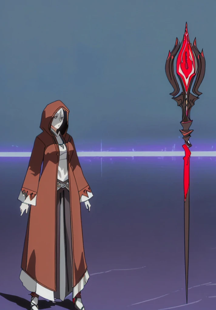 (masterpiece), best quality, 1Girl, standing, master piece, full body character concept, full body character design, full body concept art, Mage, face hidden by Hoodie shadow, Dark red Jacket, red pattern, a magic staff is on the side, detailed Mage suit, Big boob