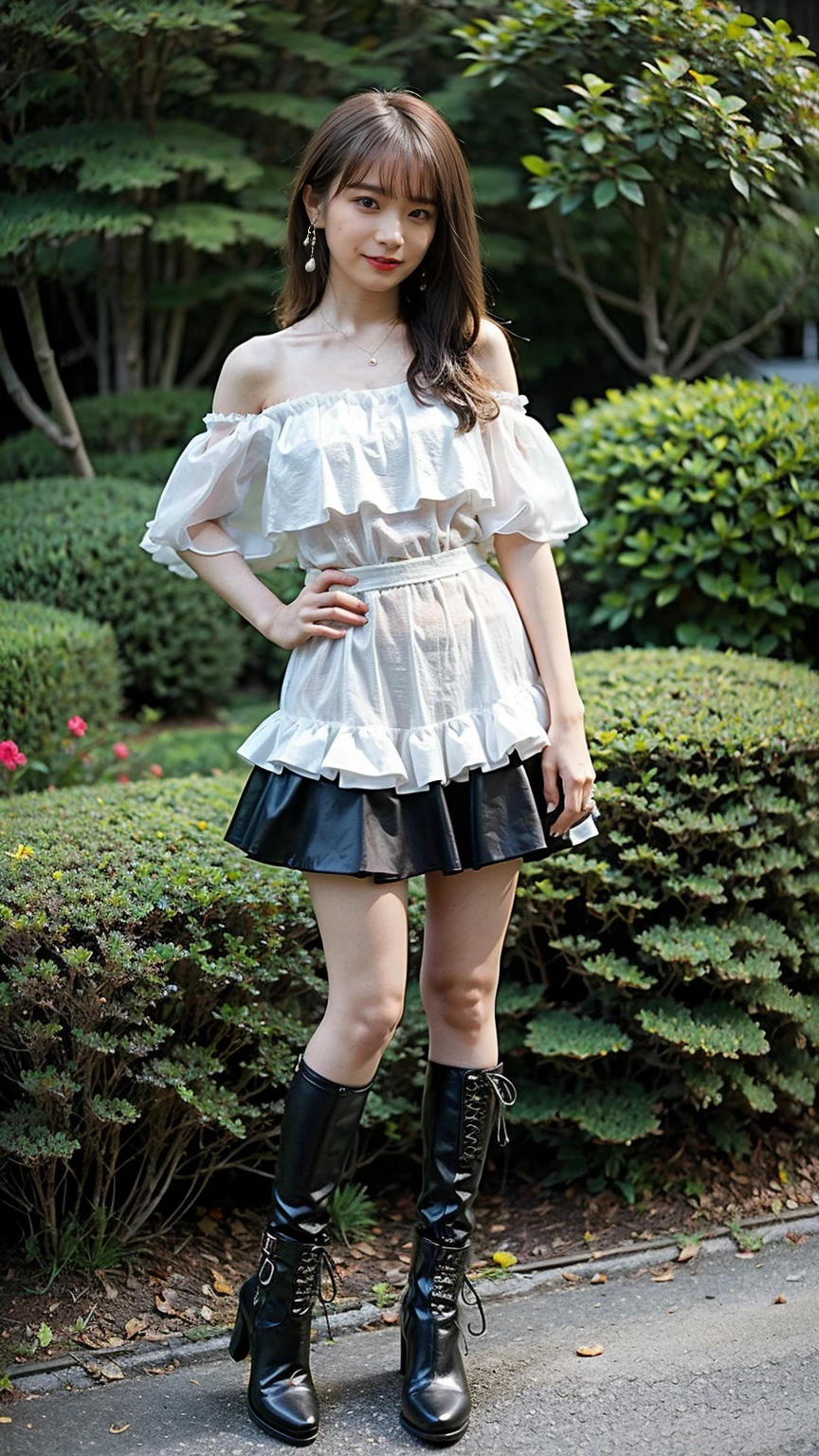 (8K、RAW Photos、Highest quality、masterpiece:1.2)、(Highest quality、Realistic)、1 Girl、((Frills、See-through、Off the shoulder、Idol Costume、tights、pink and black mini skirt、Thin legs、whole body、boots、garden、View from the front、Looking into the camera、Belly button、Stand with hands on hips))、cute