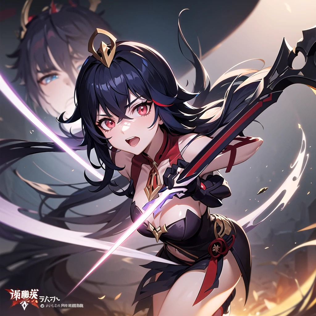 Anime character design of a woman holding a sword and a demon, Keqing from genshin impact, Makai Ryuko, Genshin Impact角色, To this + Concept Art, Genshin Impact风格, Attractive matoi ryuko, 绫香Genshin Impact冲击, gapmoe yandere grimdark, 《Genshin Impact》Zhongli, Adaptable personality, Official Character Art