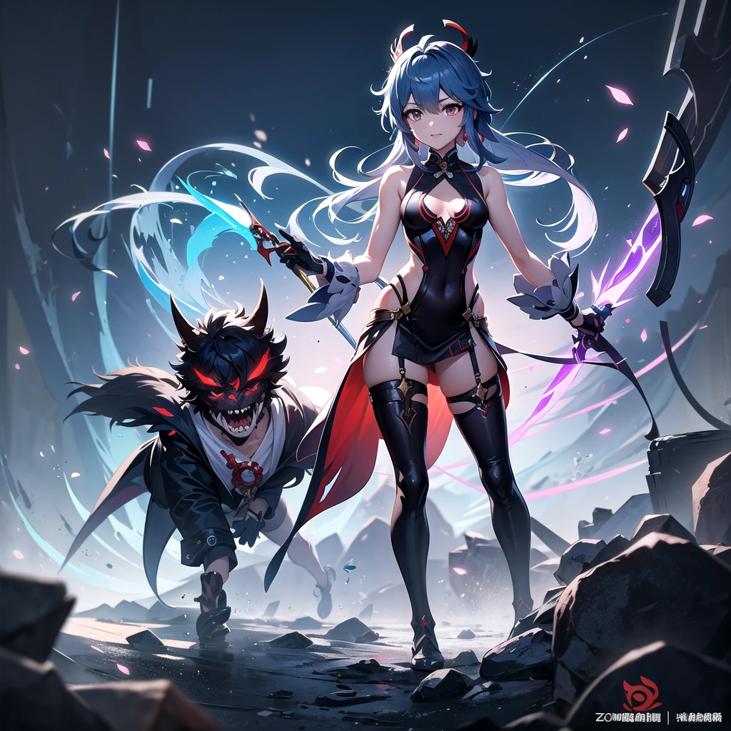 Anime character design of a woman holding a sword and a demon, Keqing from genshin impact, Makai Ryuko, Genshin Impact角色, To this + Concept Art, Genshin Impact风格, Attractive matoi ryuko, 绫香Genshin Impact冲击, gapmoe yandere grimdark, 《Genshin Impact》Zhongli, Adaptable personality, Official Character Art