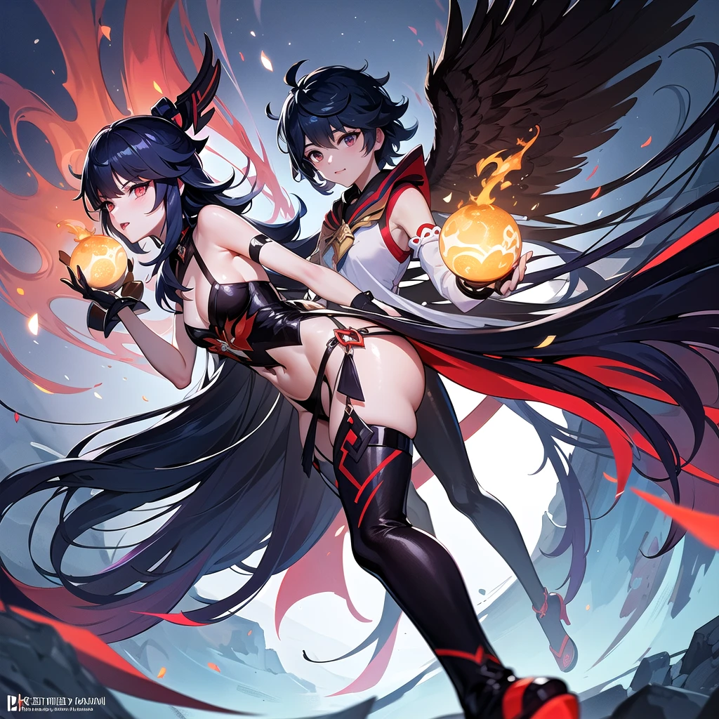 Anime character design of a woman holding a sword and a demon, Keqing from genshin impact, Makai Ryuko, Genshin Impact角色, To this + Concept Art, Genshin Impact风格, Attractive matoi ryuko, 绫香Genshin Impact冲击, gapmoe yandere grimdark, 《Genshin Impact》Zhongli, Adaptable personality, Official Character Art