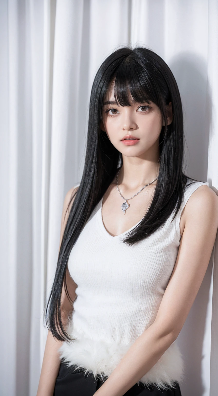 woman in a white top and a necklace around her neck, she has black hair with bangs, 18 years old, white fringecabelo preto, 🤤 picture of , with bangs, fluffy bangs, black hair and white fringe, with short hair with bangs, white fringe, curtain fringe, 16 years, 19 years old