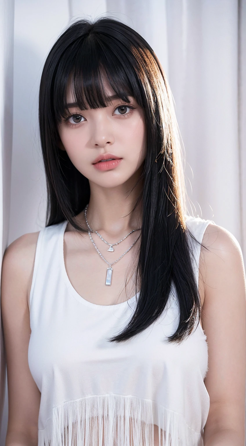 woman in a white top and a necklace around her neck, she has black hair with bangs, 18 years old, white fringecabelo preto, 🤤 picture of , with bangs, fluffy bangs, black hair and white fringe, with short hair with bangs, white fringe, curtain fringe, 16 years, 19 years old