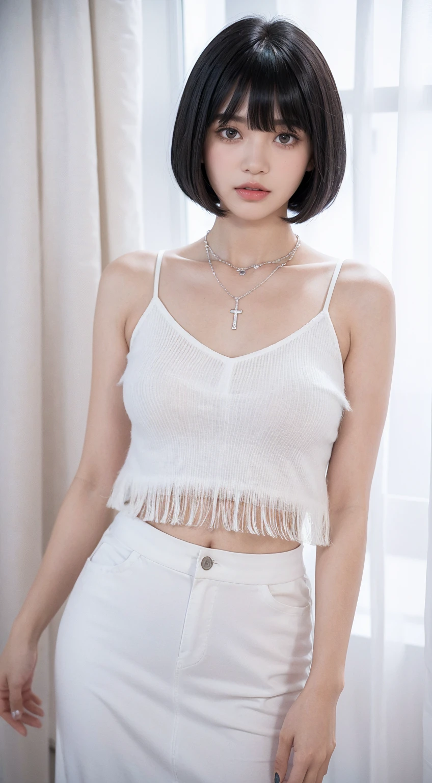 woman in a white top and a necklace around her neck, she has black hair with bangs, 18 years old, white fringecabelo preto, 🤤 picture of , with bangs, fluffy bangs, black hair and white fringe, with short hair with bangs, white fringe, curtain fringe, 16 years, 19 years old