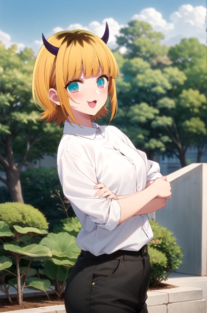 Highest quality, masterpiece, detailed, memcho, Open your mouth, A slight blush, :3, smile, short hair, Blonde, Multicolored Hair, Aqua Eye, Blunt bangs, horn, 
 
		suit
.Are standing, Looking at the audience, (Day:1.2), garden, Outdoor
