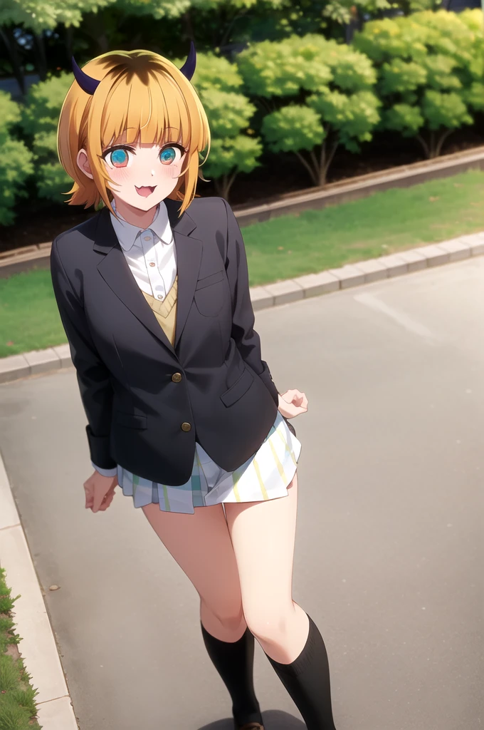 Highest quality, masterpiece, detailed, memcho, Open your mouth, A slight blush, :3, smile, short hair, Blonde, Multicolored Hair, Aqua Eye, Blunt bangs, horn, 
 
		suit
.Are standing, Looking at the audience, (Day:1.2), garden, Outdoor
