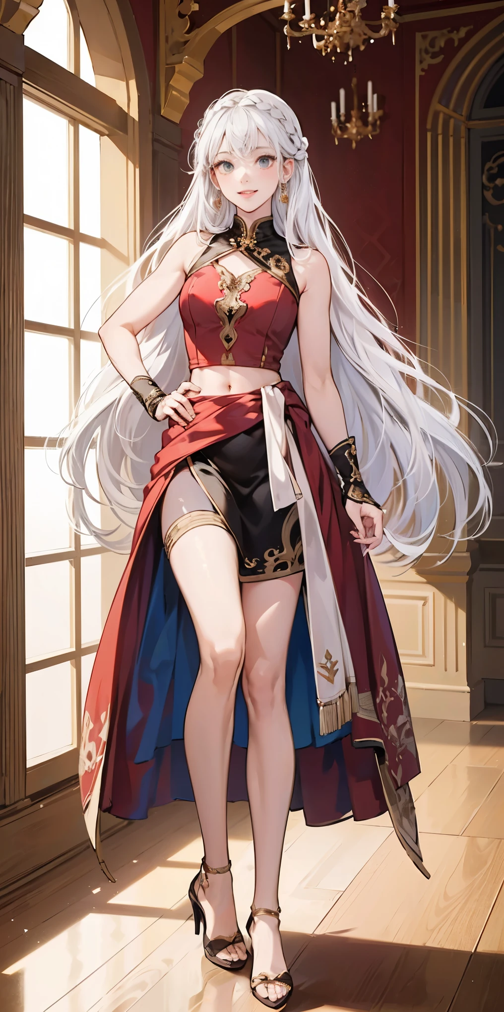 (masterpiece, best quality), intricate details, 1girl, Bridesmaid Muscular full body woman White hair White braid Motherly body smile Porcelain skin Red heels with feet together Long hair Hands on waist Navel Strong abs Direct look Perfect lighting Masterpiece High quality