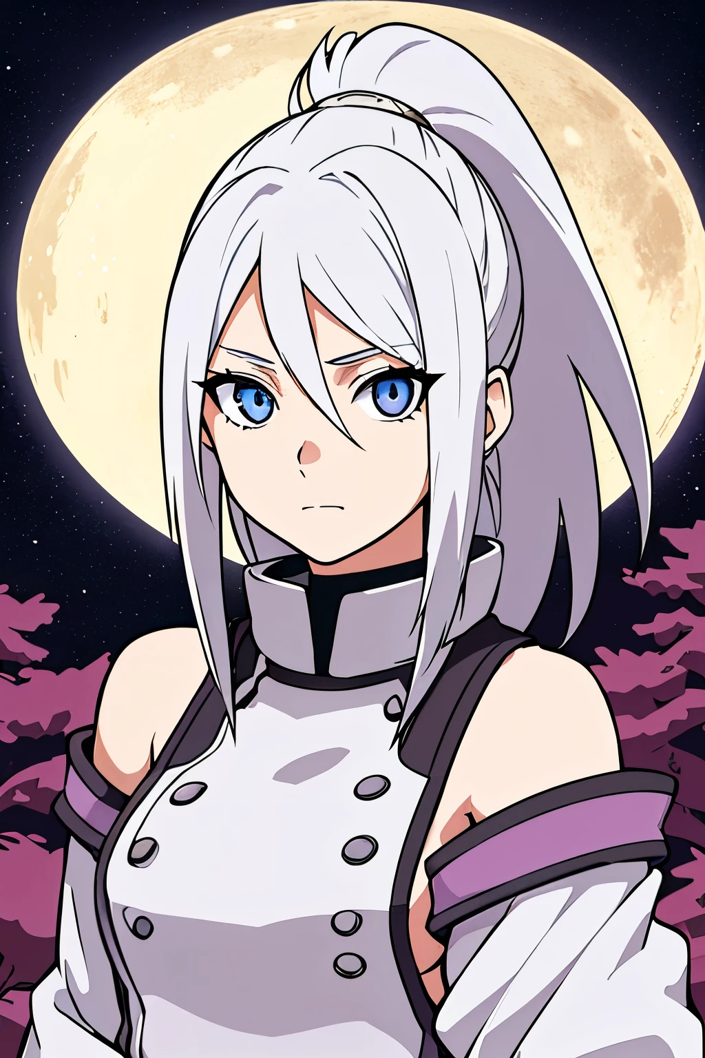 (high-quality, breathtaking),(expressive eyes, perfect face) portrait, Symmetrical Eyes, 1girl, solo, white hair, white coloured eyes, anime naruto art style, medium length hair, fluffy hair, feminine face, sky background, moon, open field background, stars, red flower camellia trees, hyuga, Ōtsutsuki, naruto ninja attire, neutral expression, soft smile, purple and black clothing, white trim, long sleeves, white dress, hair between eyes, bare shoulders, jacket, ponytail