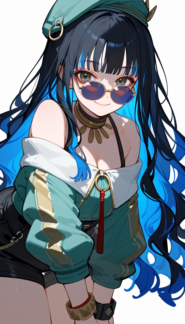 1girl, solo, long hair, black hair, colored inner hair, blue hair, wavy hair, eyeliner, makeup, jewelry, beret, o-ring, neck ring, black shorts, buttons, round sunglasses, bracelet, bare shoulders, green jacket, white jacket, off shoulder, zipper, from below, leaning forward, hand between thighs, thighs focus, thighs close-up, smile, closed mouth, cropped face, lower body, masterpiece