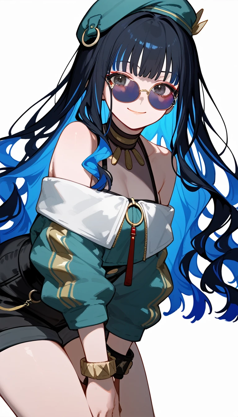 1girl, solo, long hair, black hair, colored inner hair, blue hair, wavy hair, eyeliner, makeup, jewelry, beret, o-ring, neck ring, black shorts, buttons, round sunglasses, bracelet, bare shoulders, green jacket, white jacket, off shoulder, zipper, from below, leaning forward, hand between thighs, thighs focus, thighs close-up, smile, closed mouth, cropped face, lower body, masterpiece