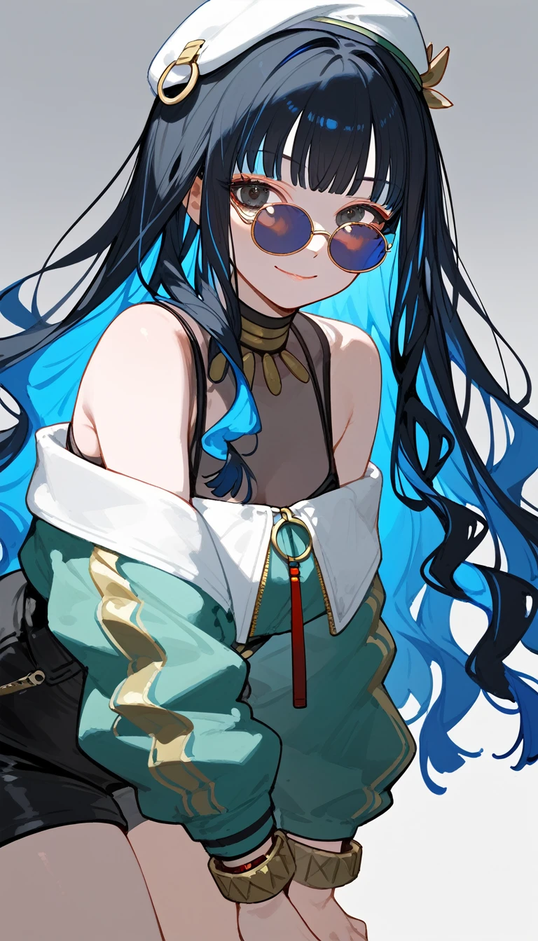 1girl, solo, long hair, black hair, colored inner hair, blue hair, wavy hair, eyeliner, makeup, jewelry, beret, o-ring, neck ring, black shorts, buttons, round sunglasses, bracelet, bare shoulders, green jacket, white jacket, off shoulder, zipper, from below, leaning forward, hand between thighs, thighs focus, thighs close-up, smile, closed mouth, cropped face, lower body, masterpiece