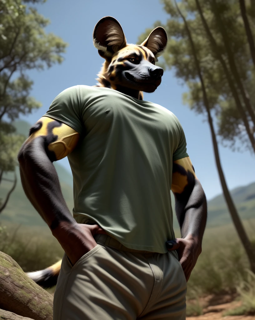 anthro, african wild dog, male, adult, veiny muscles, muscular, pants, t-shirt, hands on hips, smirk, realistic fur, detailed background, wilderness background, hyper realism, RAW photo, (realism, photorealistic:1.3), detailed, hi res,